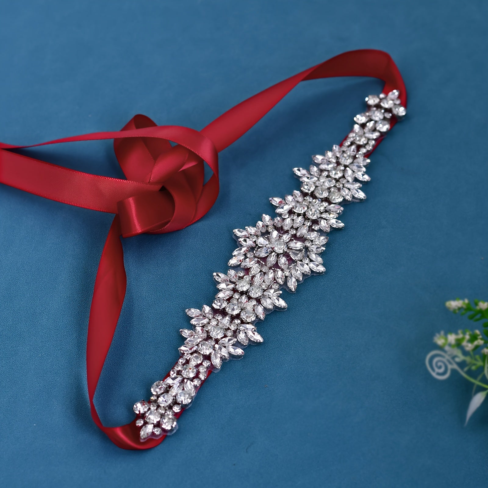 Wedding Dress Belt with Shiny Silver Stones and Red Ribbon for Bridal Evening