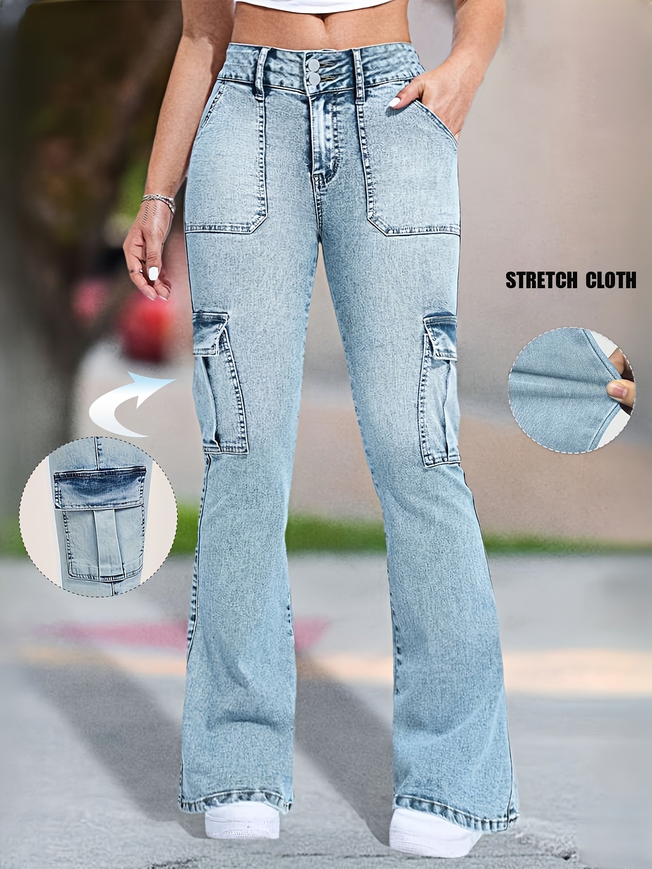 Ayollar uchun kattaroq o'lchamdagi yuvilgan cargo jinsi, qopqog'i bo'lgan cho'ntaklar bilan, elastik, o'rta balandlik