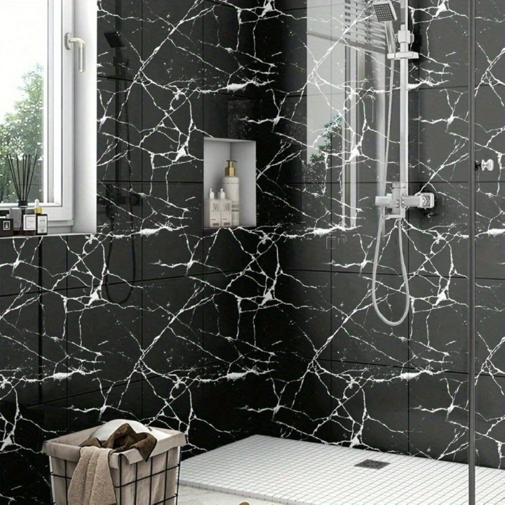 10 Ta Luks Marmar O'z-o'zidan yopishadigan devor panellari, 30x30 sm, suv o'tkazmaydigan PVC, oson o'rnatish. Oshxona, hammom, yashash xonasi uchun ideal. Qora va oq dizayn, haqiqiy ko'rinish. Mukammal uchun