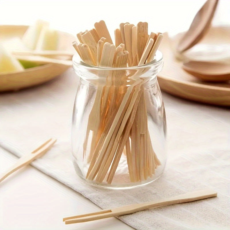 Set of 100 Bamboo Heart-Shaped Fruit Forks Disposable Wooden Picks for Parties
