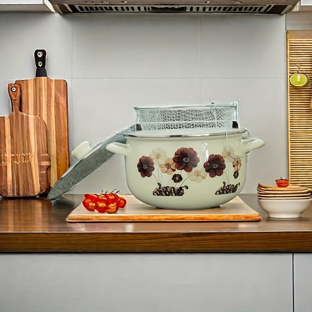 Enamel Fryer with Strainer Double-Ear Soup Pot High-Temperature Resistant for Stew and Cooking