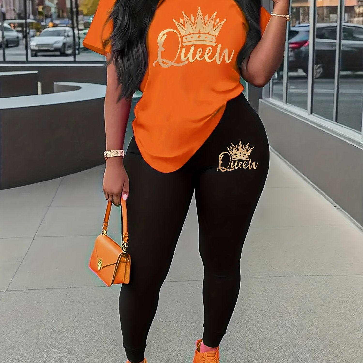 Women's Sports Short Sleeve Suit Crown Print 2pcs Set Elastic Casual