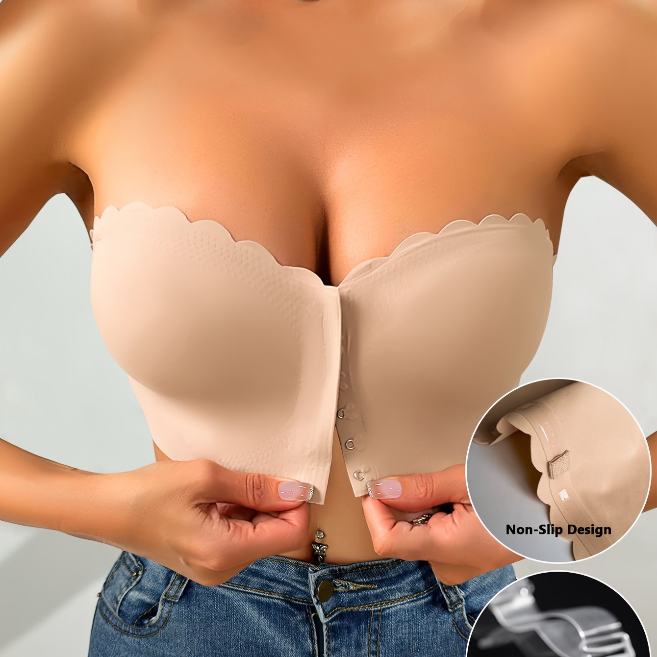 Women's Solid Color Wave-Edge Strapless Front Closure Bra