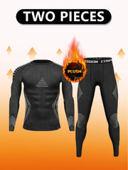 Men's Thermal Compression Set for Fall Winter Plush-Lined Top and Leggings High Stretch Polyester