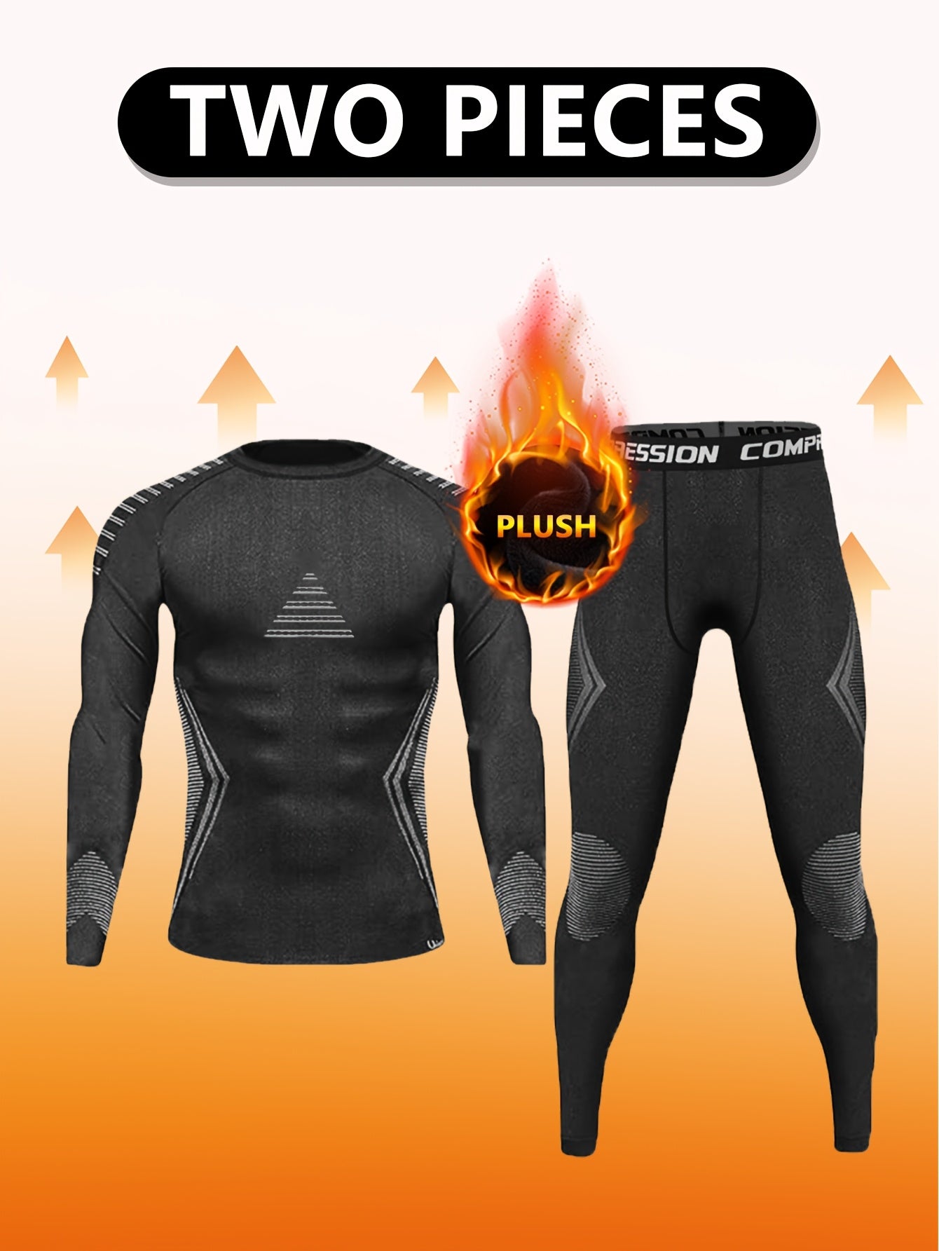 Men's Thermal Compression Set for Fall Winter Plush-Lined Top and Leggings High Stretch Polyester