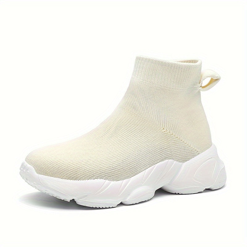 Zapatillas altas para mujer de color sólido, zapatillas slip-on de punto, cómodas y elásticas