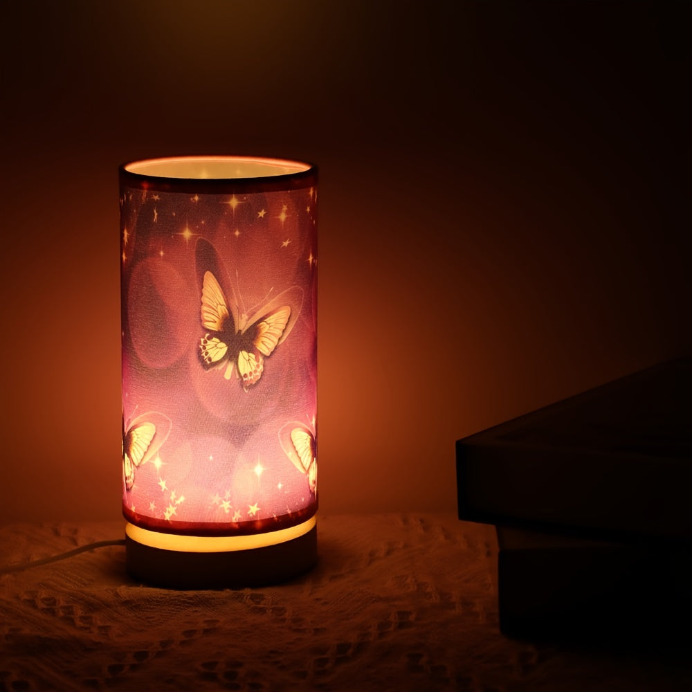 Purple Butterfly Table Lamp with Wood Base for Bedroom or Room Decor