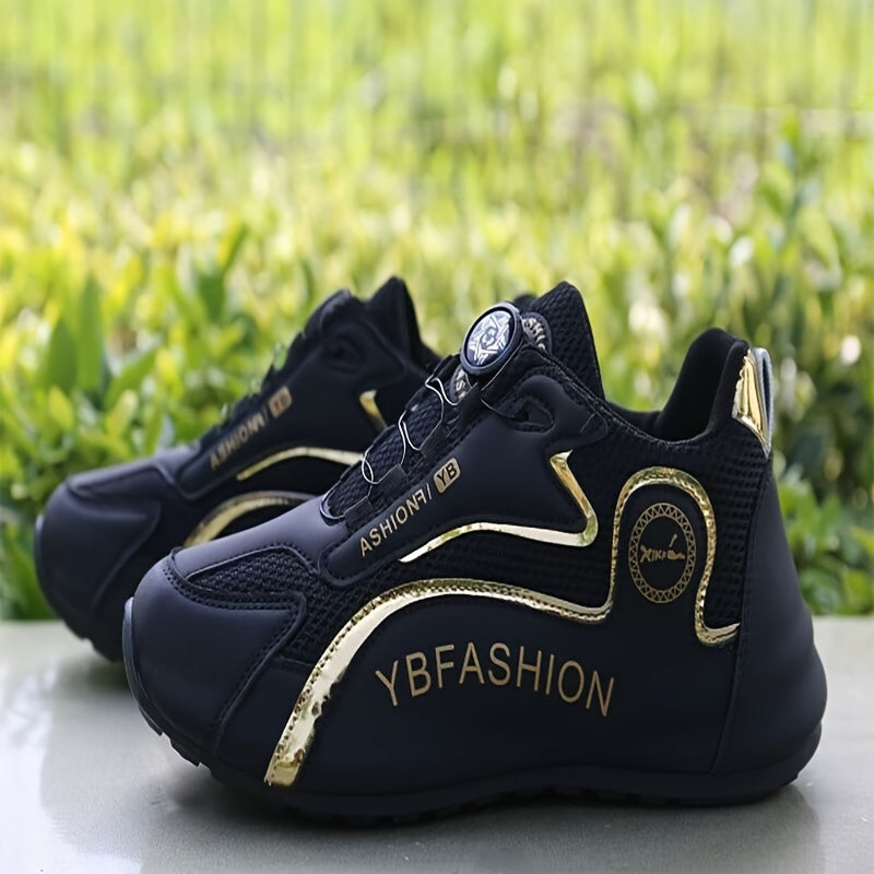 Men's White Mesh Athletic Sneakers with Rubber Sole and Gold Accents