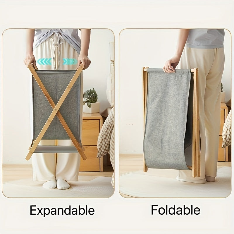 Wood Frame Laundry Basket with Foldable Waterproof Material Large Capacity Organizer for Bedroom Bathroom Dorm