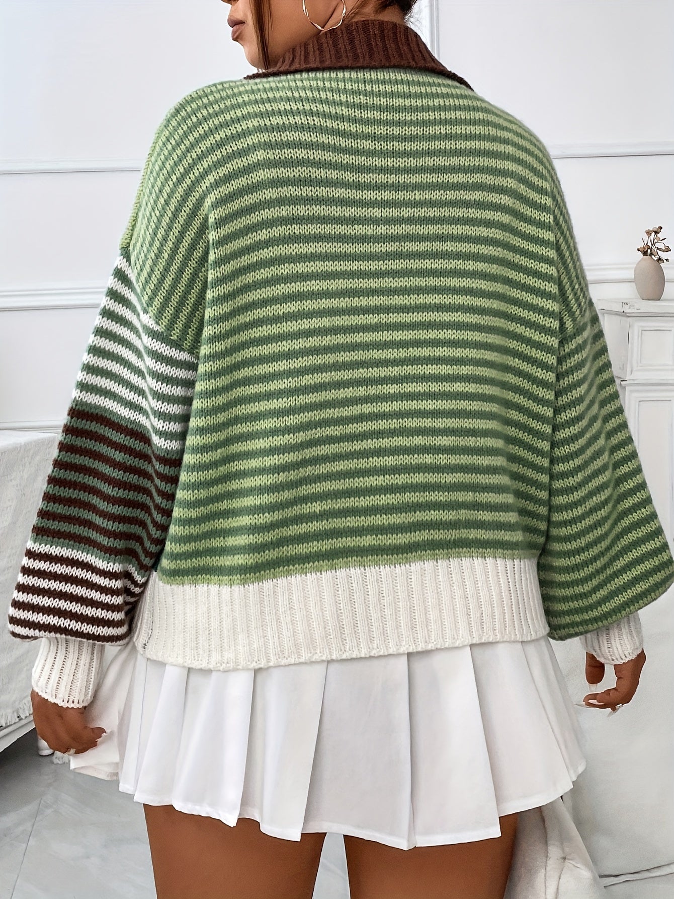 Women's Patchwork Striped Cardigan Polyester Knit Fabric Fall Winter Coat