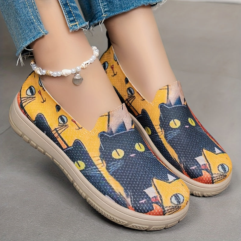 Women's Casual Cloth Flat Shoes with Kitten Pattern Slip-On Comfortable Flats