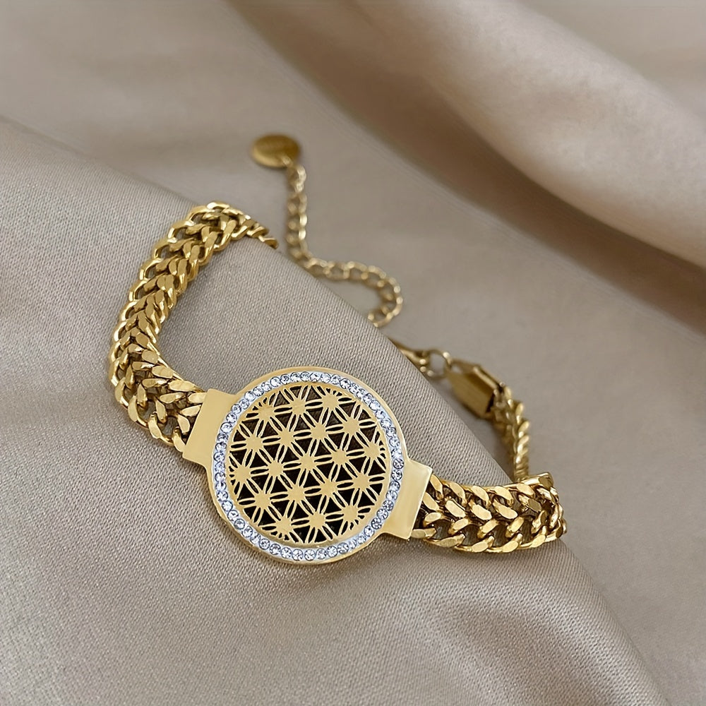 Hollow Gold-Plated Stainless Steel Bracelet with Rhinestones for Women