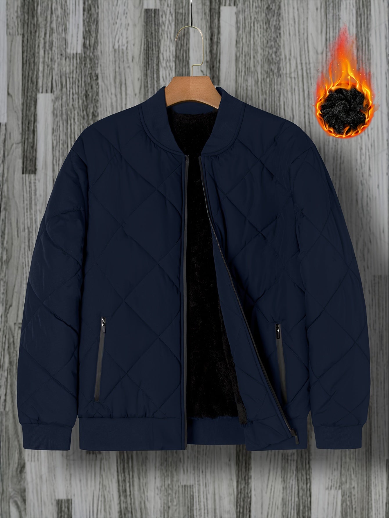 Men's Black Quilted Bomber Jacket with Zipper Closure Stand Collar for Fall Winter