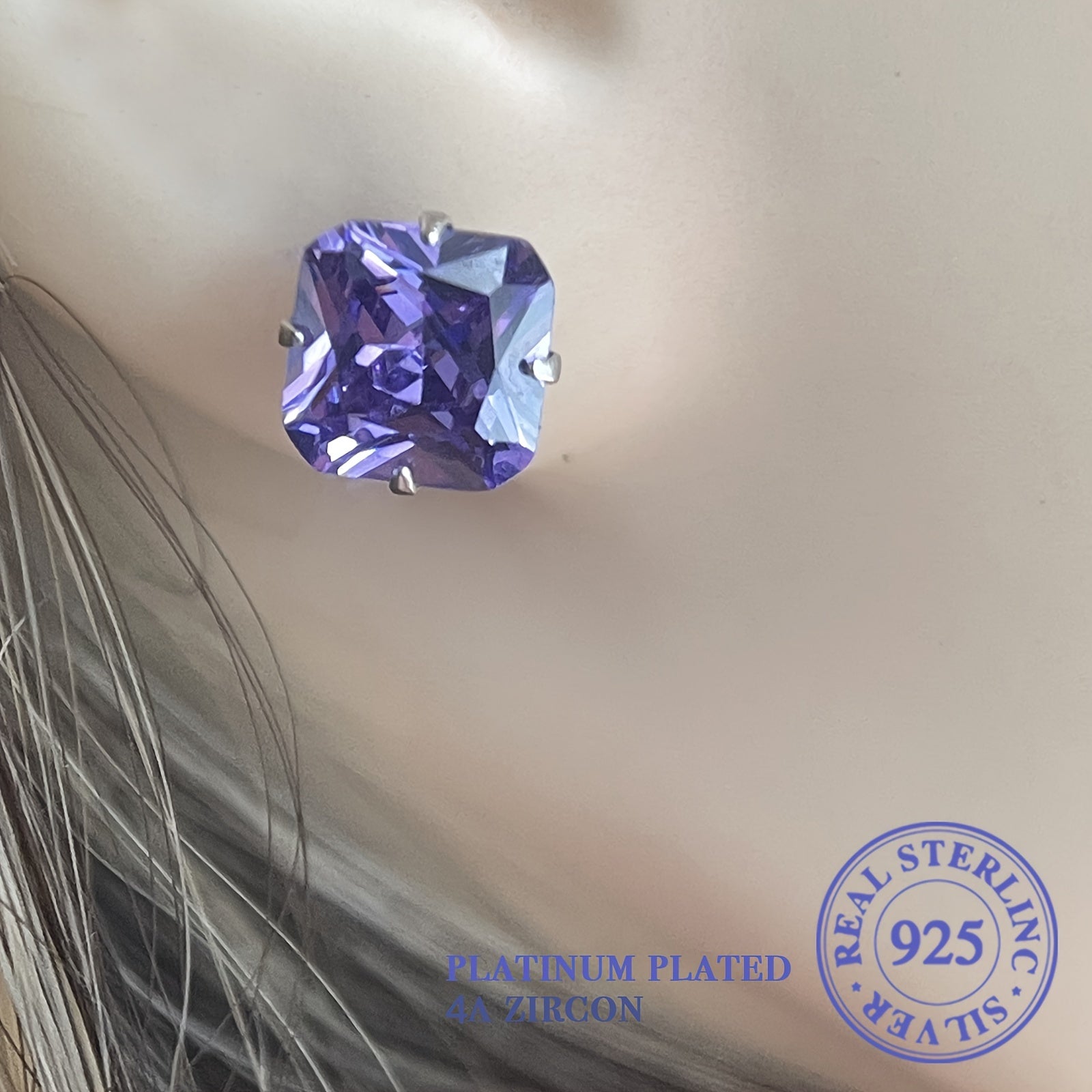 Sterling Silver Square Stud Earrings with Purple Zirconia Inlays for Wedding and Formal Wear