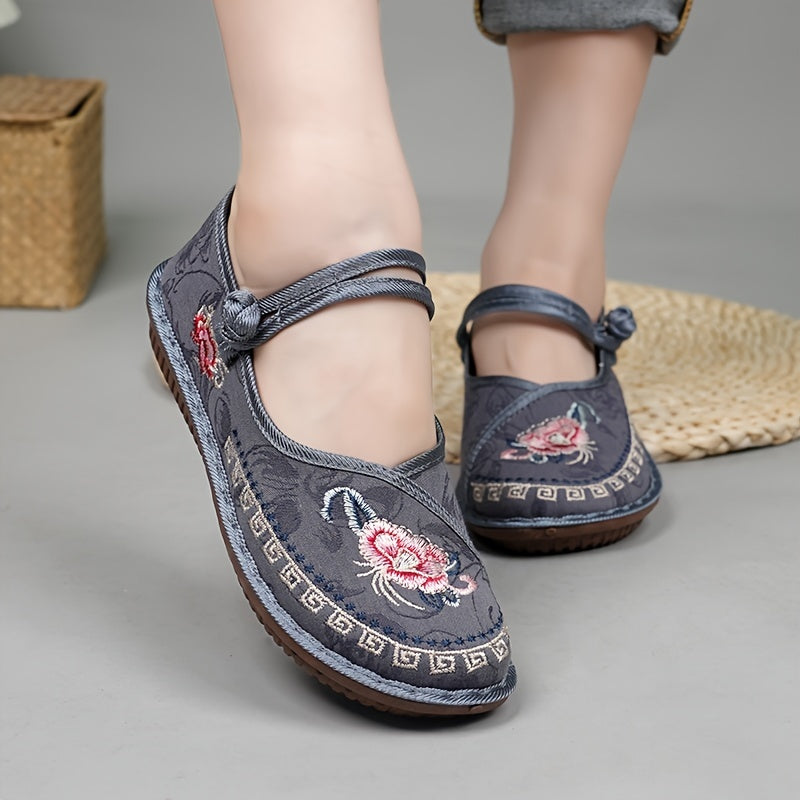 Women's Embroidered Flower Mary Janes Lightweight Slip-On Shoes for Spring Summer