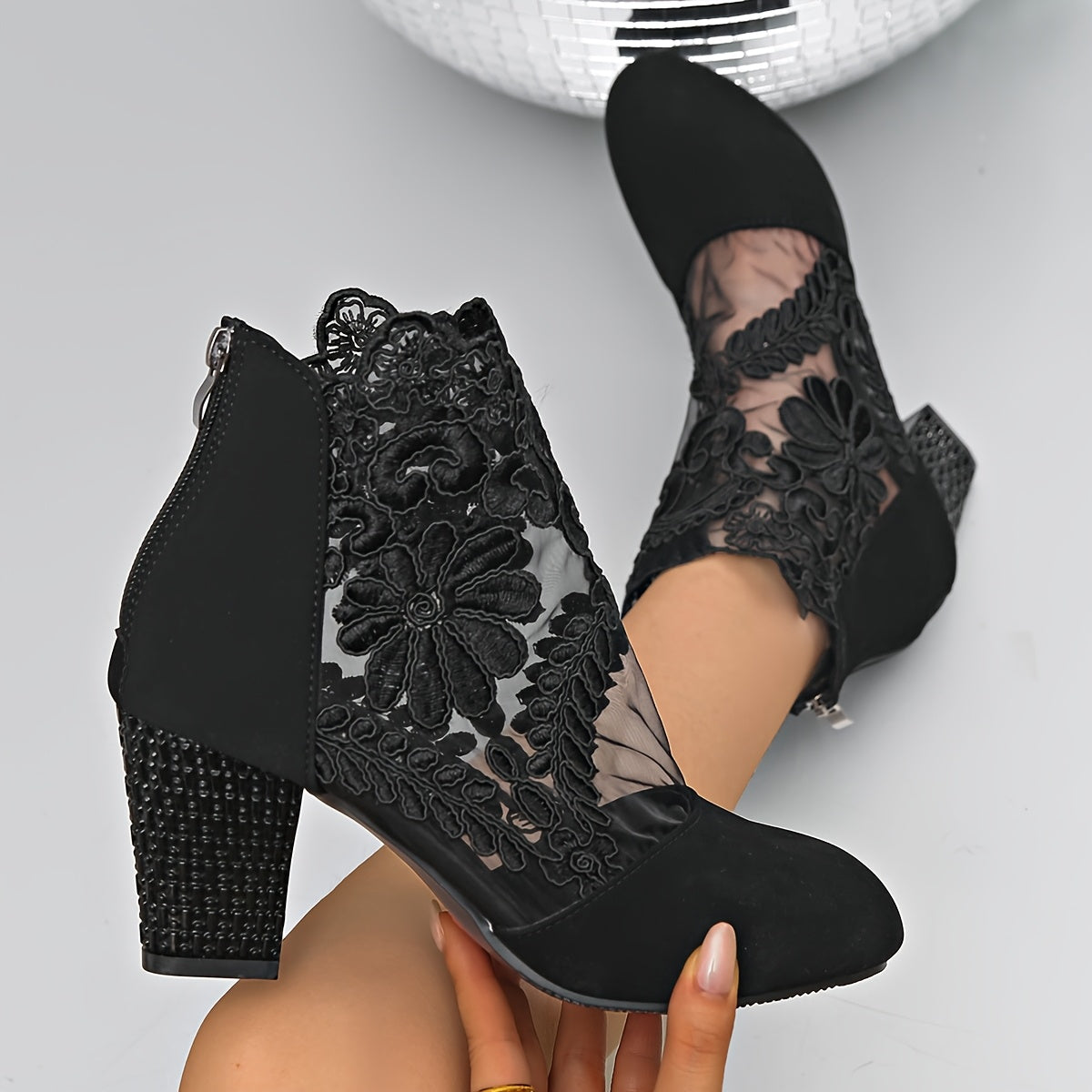 Women's Black Lace-Trimmed Mesh Ankle Boots Pointed Toe Chunky Heel