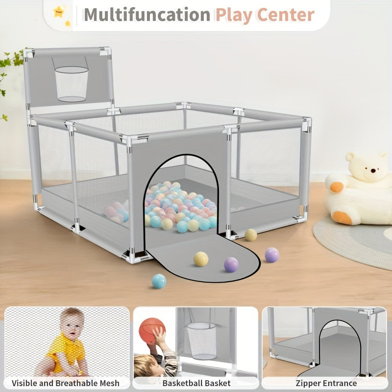 Square Playpen Fence for Kids with Basketball Frame and Play Yard Fence for Holidays