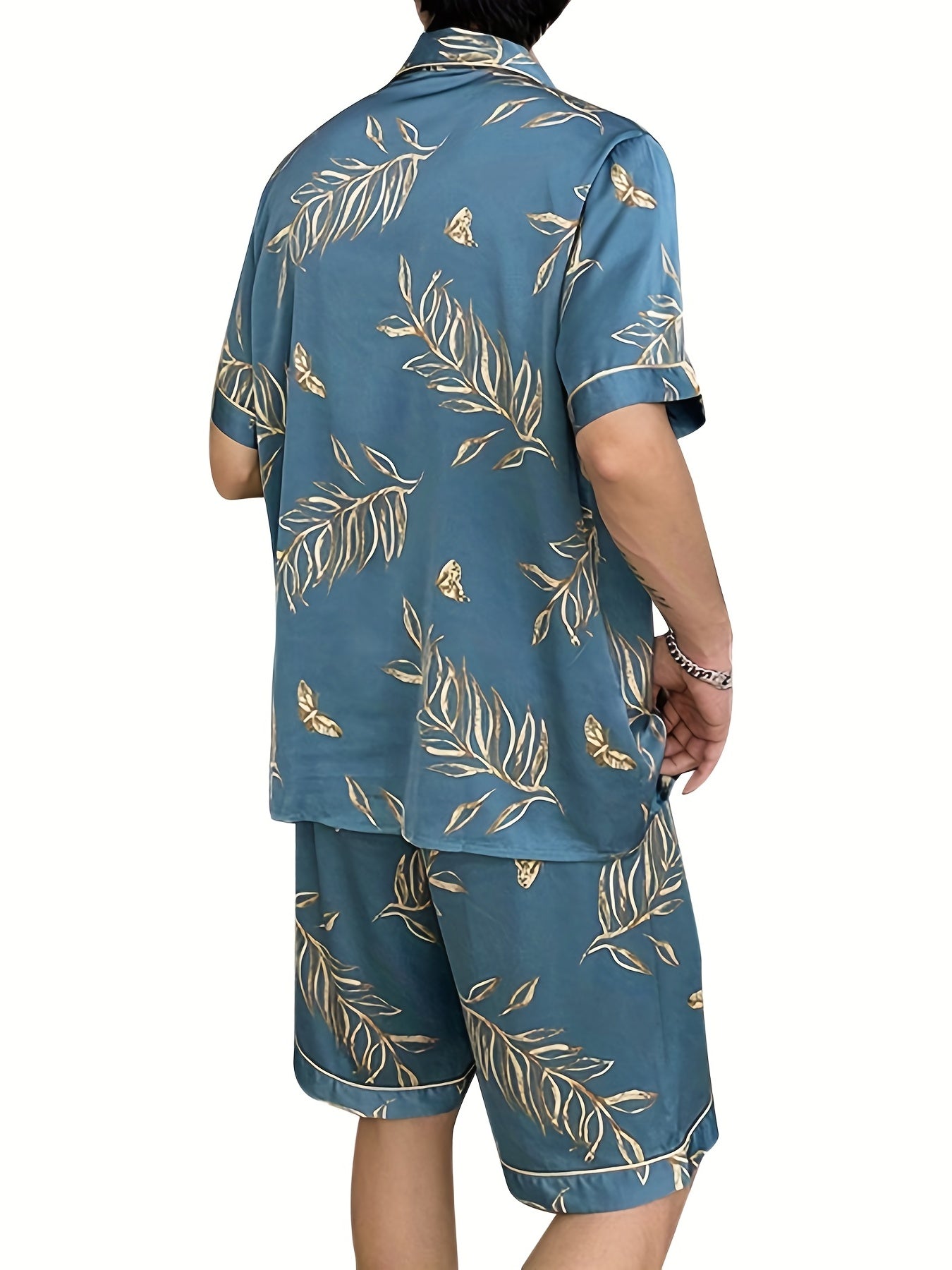 Men's Summer Floral Pajama Set Short Sleeve Lapel Collar Polyester Elastane Black