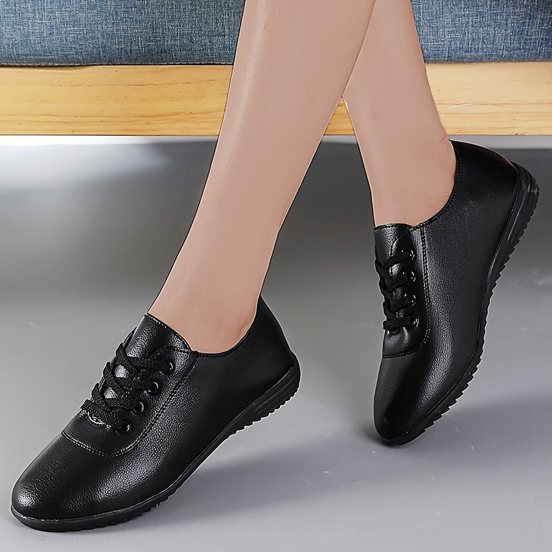 Women's White Casual Sneakers Lightweight Non-Slip Round Toe Lace-Up Faux Leather PU Sole