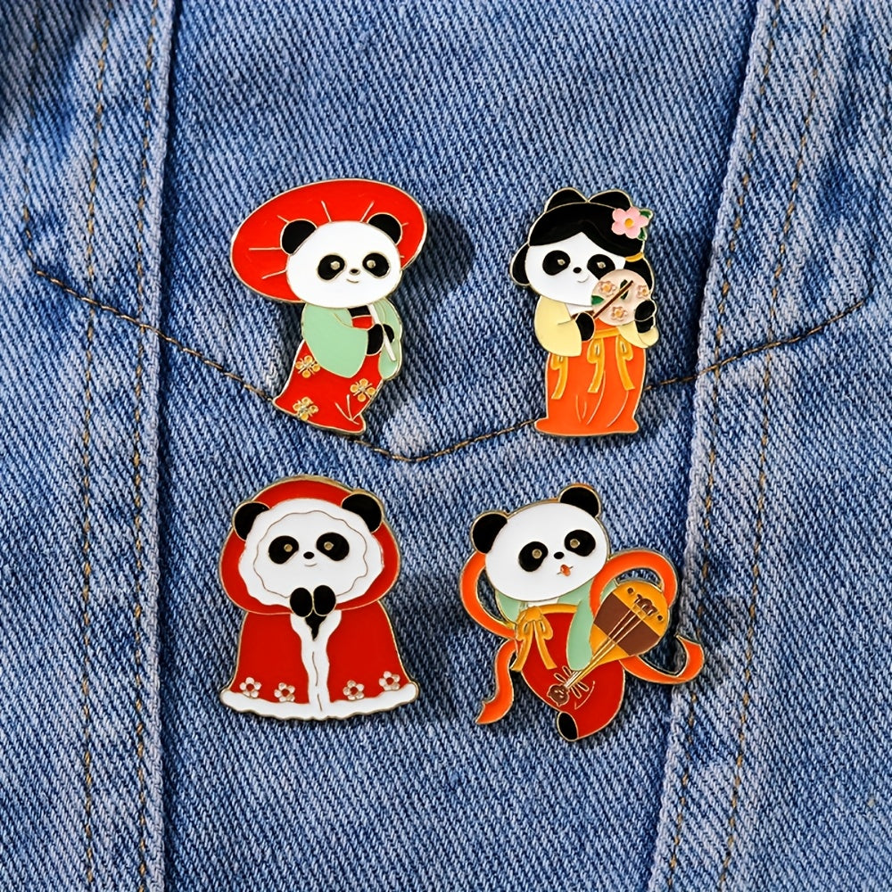 Set of 4 Panda Enamel Pins Cartoon Animal Brooches Alloy Lapel Bag Badges Jewelry Gift