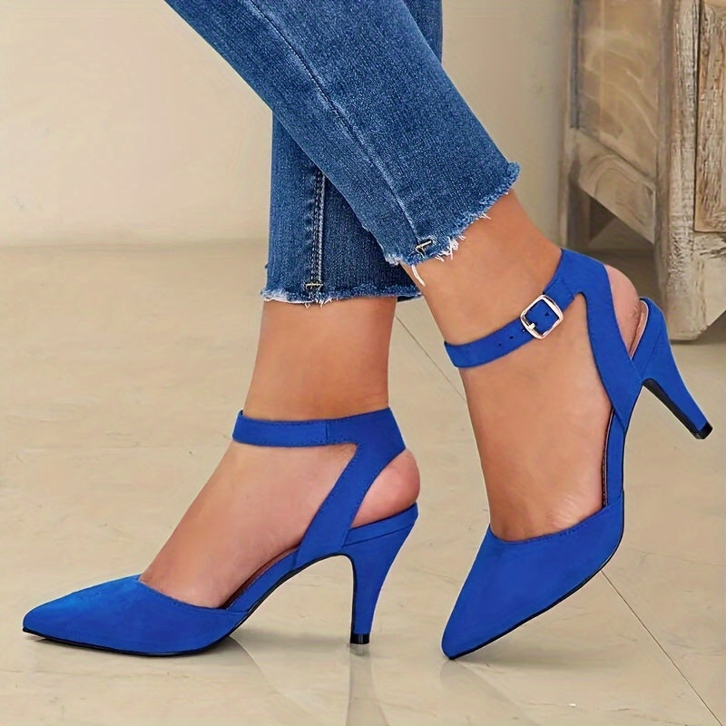 Women's Blue Fabric Pointed Toe Stiletto Heels with Ankle Strap