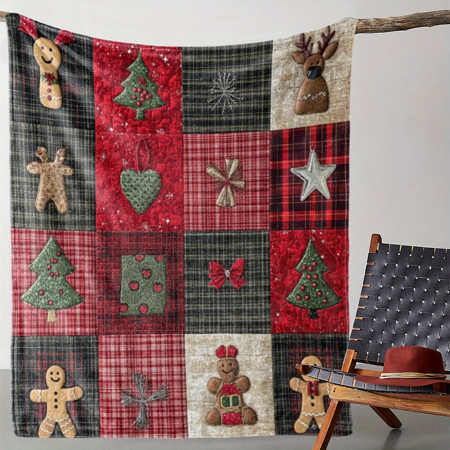 Christmas Themed Knitted Polyester Flannel Blanket with Stars Gingerbread Men and Trees