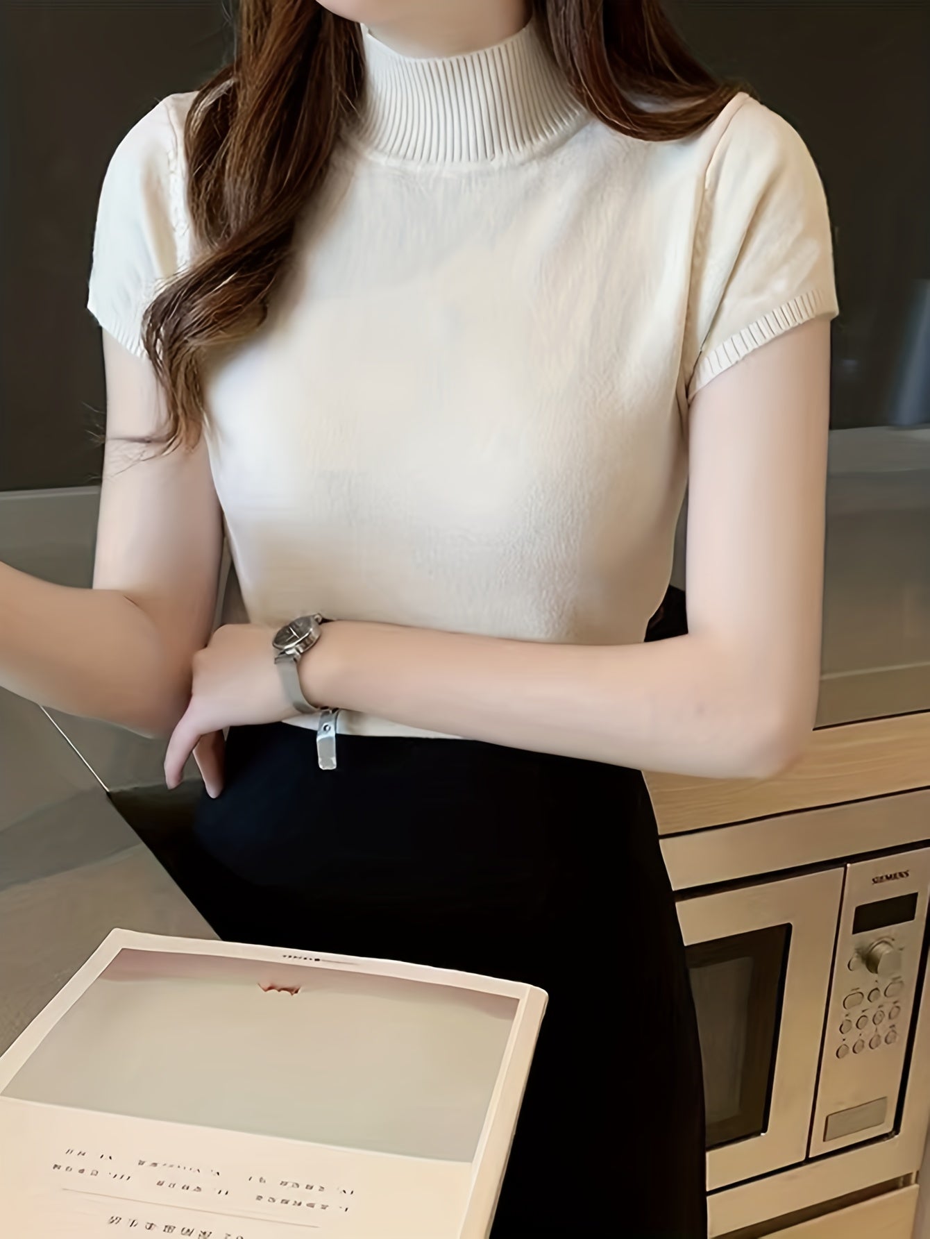 Women's Solid Knit Mock Neck Sweater Short Sleeve Casual Slim Fit All Season