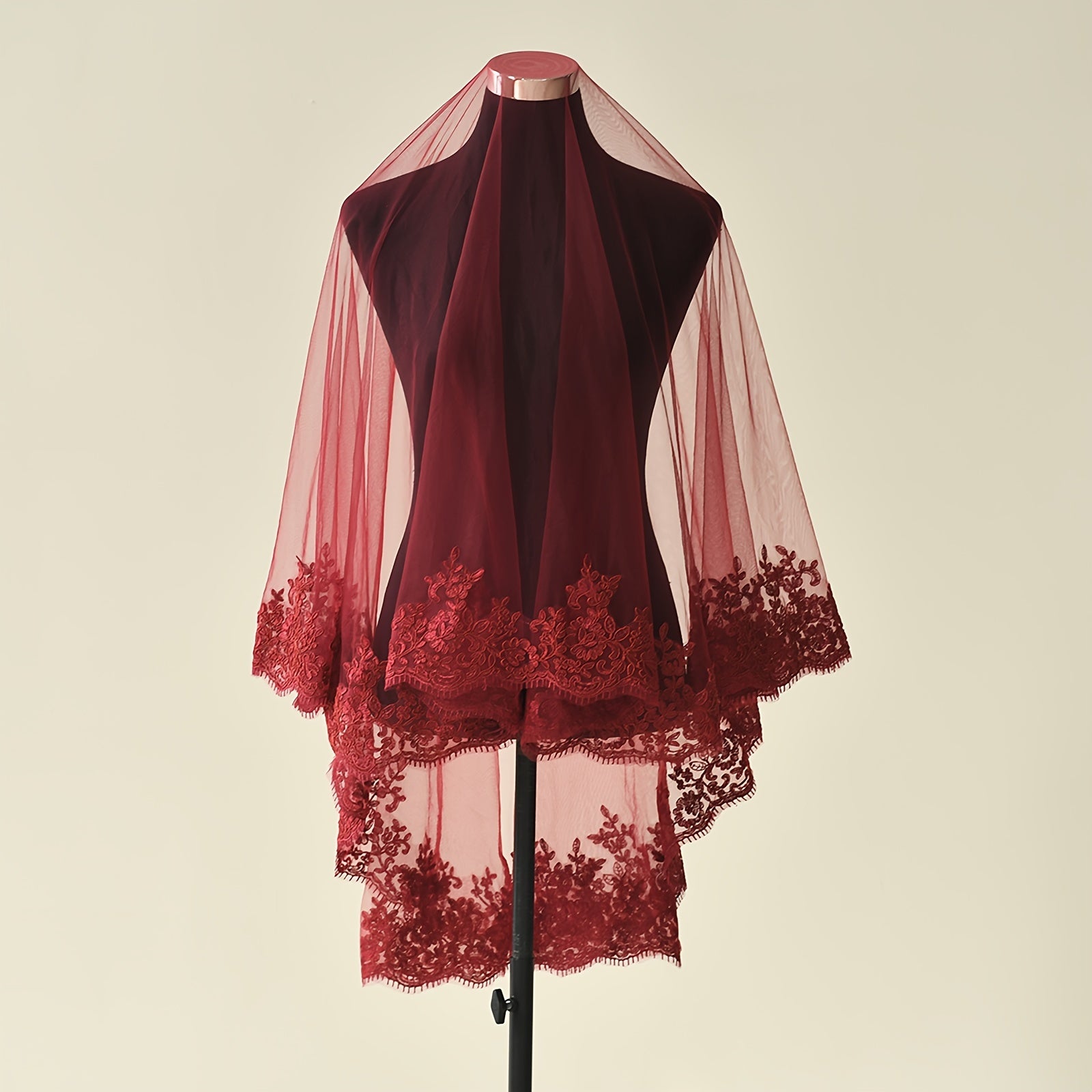 Hand Wash Only Bridal Veil with Red Embroidery Romantic Nylon Wedding Accessory