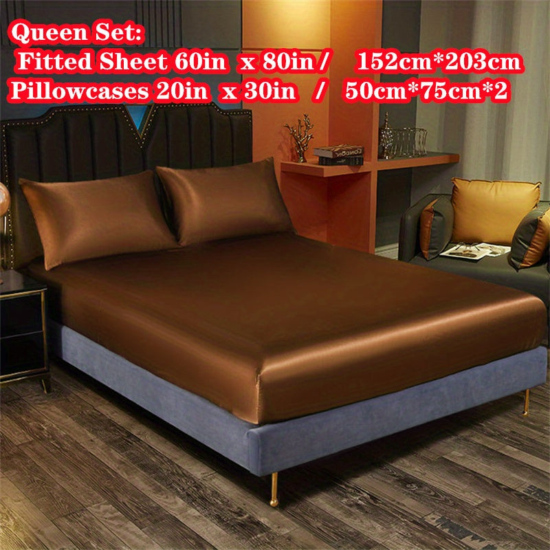 Satin Bedding Set 3 Pieces Fitted Sheet and Pillowcases Solid Color
