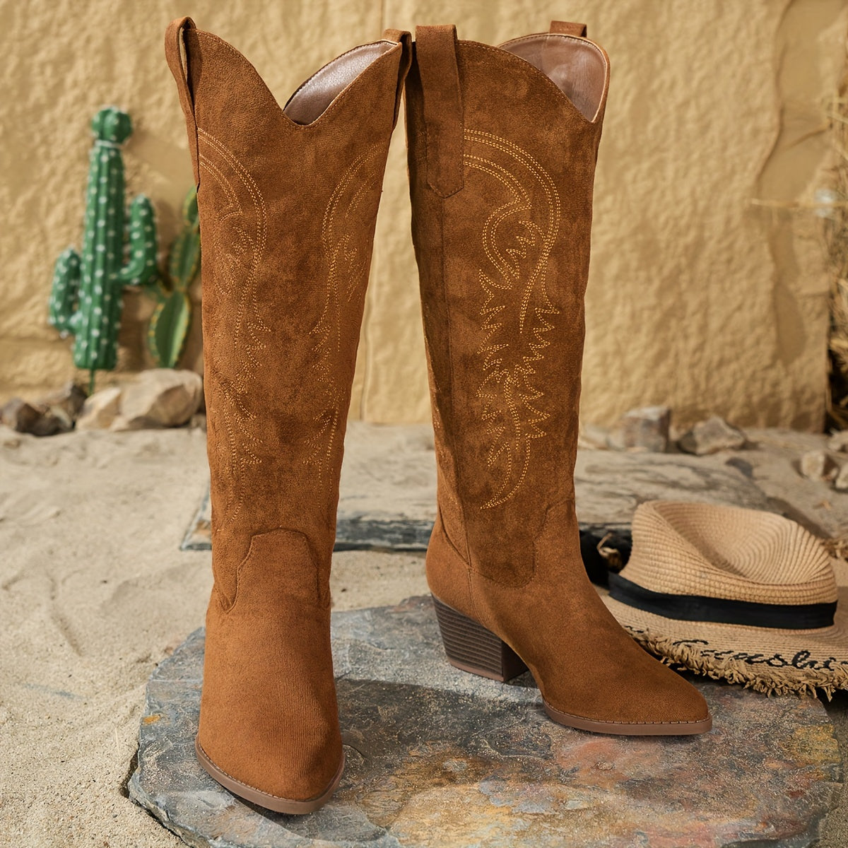 Women's Embroidered Western Knee High Boots Fabric Upper All-Season
