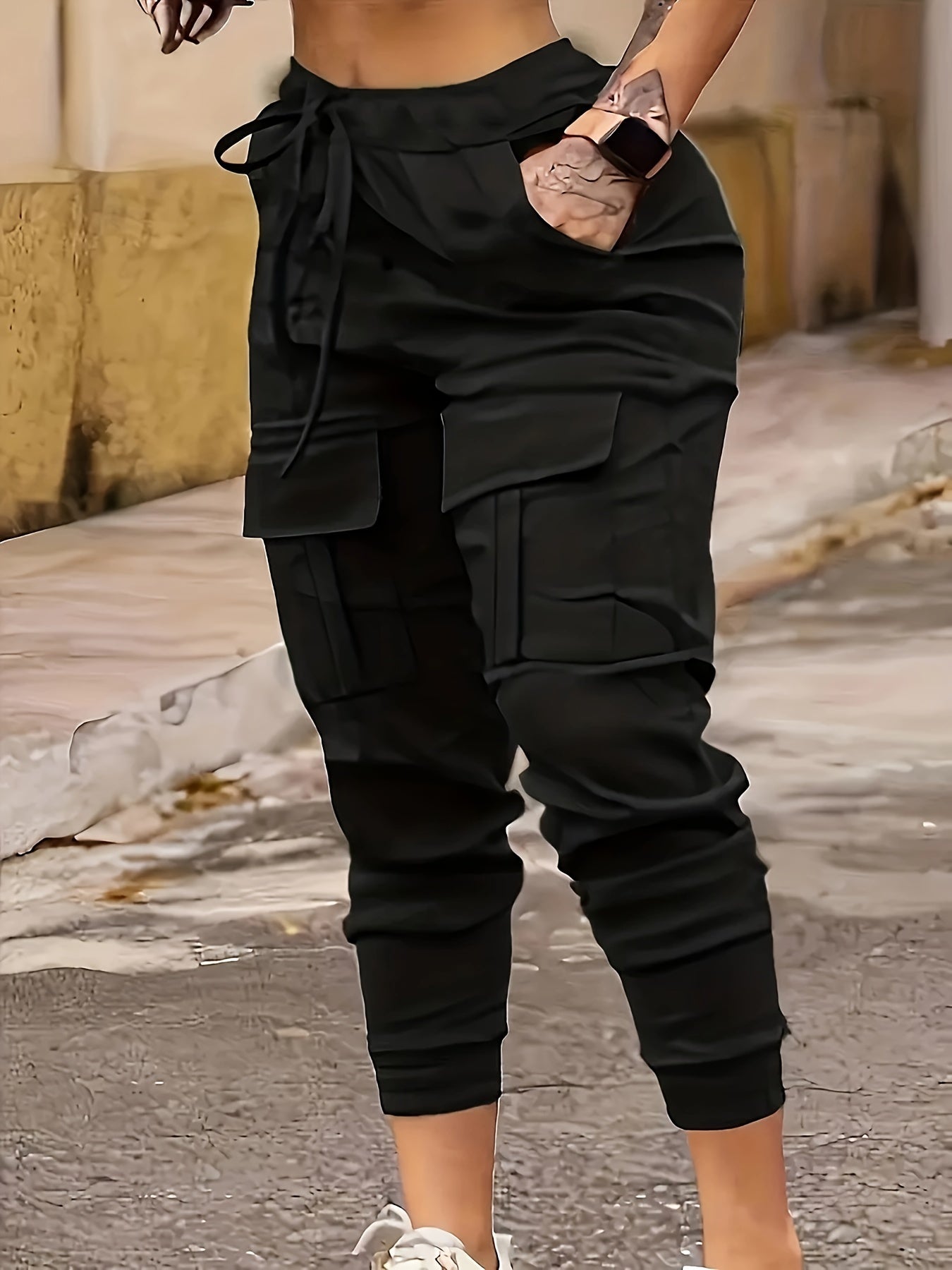 Plus Size Elastic Waist Cargo Joggers Black Casual Work Pants