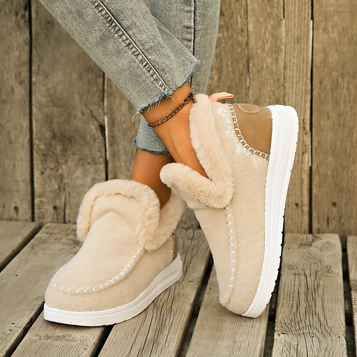 Women's Plush-Lined Ankle Boots Warm Faux Furry Casual Slip-On Shoes