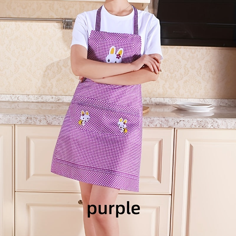 Plaid Polyester Kitchen Apron with Bunny Design in Pink and Purple