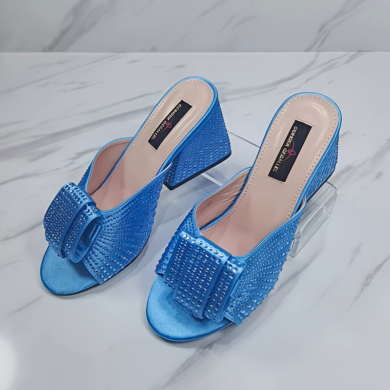 Women's Rhinestone-Embellished Chunky Heel Sandals with Bowknot for Summer Parties