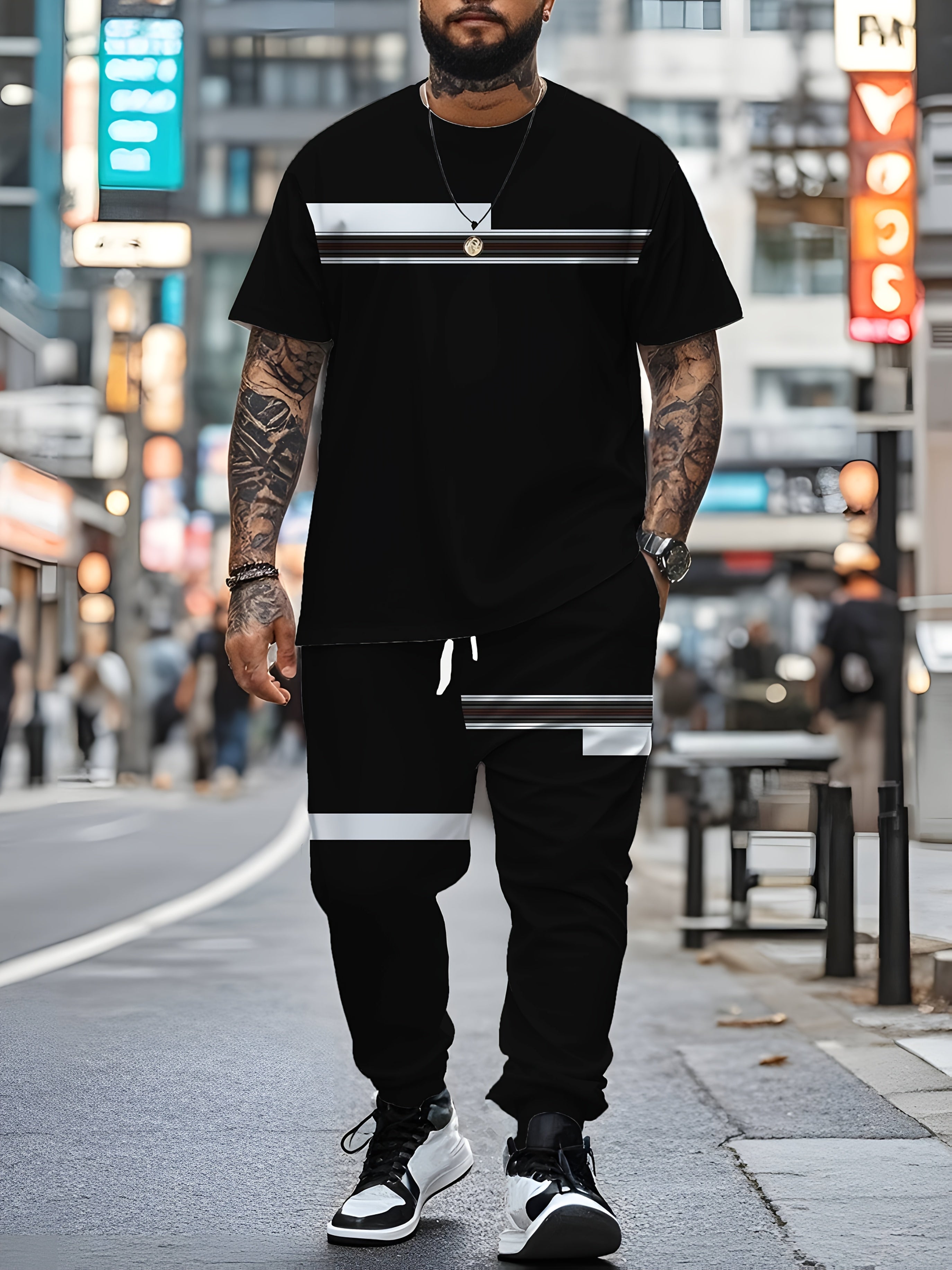 Erkaklar uchun tasodifiy kiyim, rangli blokli qisqa qo'lqopli futbolka va tortma shimlar, katta o'lcham.