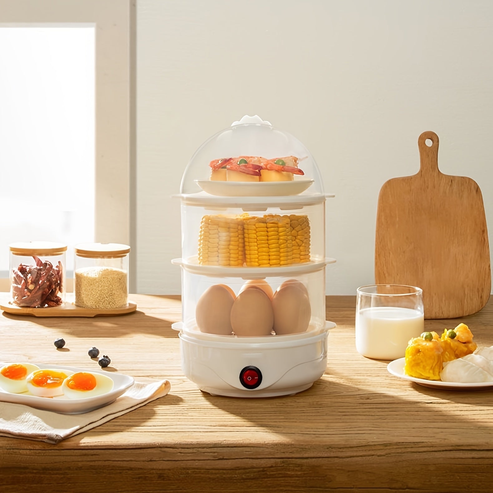 Elektrik tuxum pishiruvchi, oziq-ovqatni bug'lash imkoniyatiga ega va ikki qavatli, o'lchov stakaniga ega, yumshoq, o'rtacha yoki qattiq qaynatilgan tuxum, poached tuxum va omlet tayyorlash uchun variantlar bilan 14 tagacha tuxumni ushlab turadi,