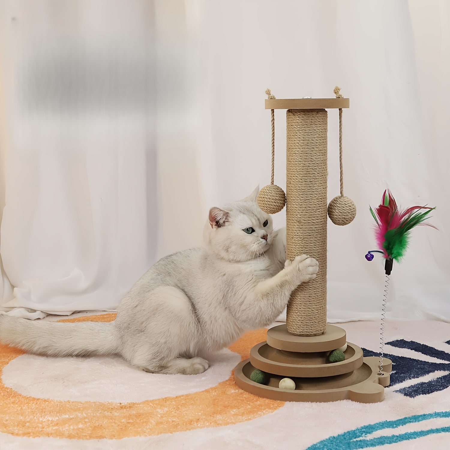 Sisal Cat Scratching Post with Rotating Base and Play Balls for Claw Care