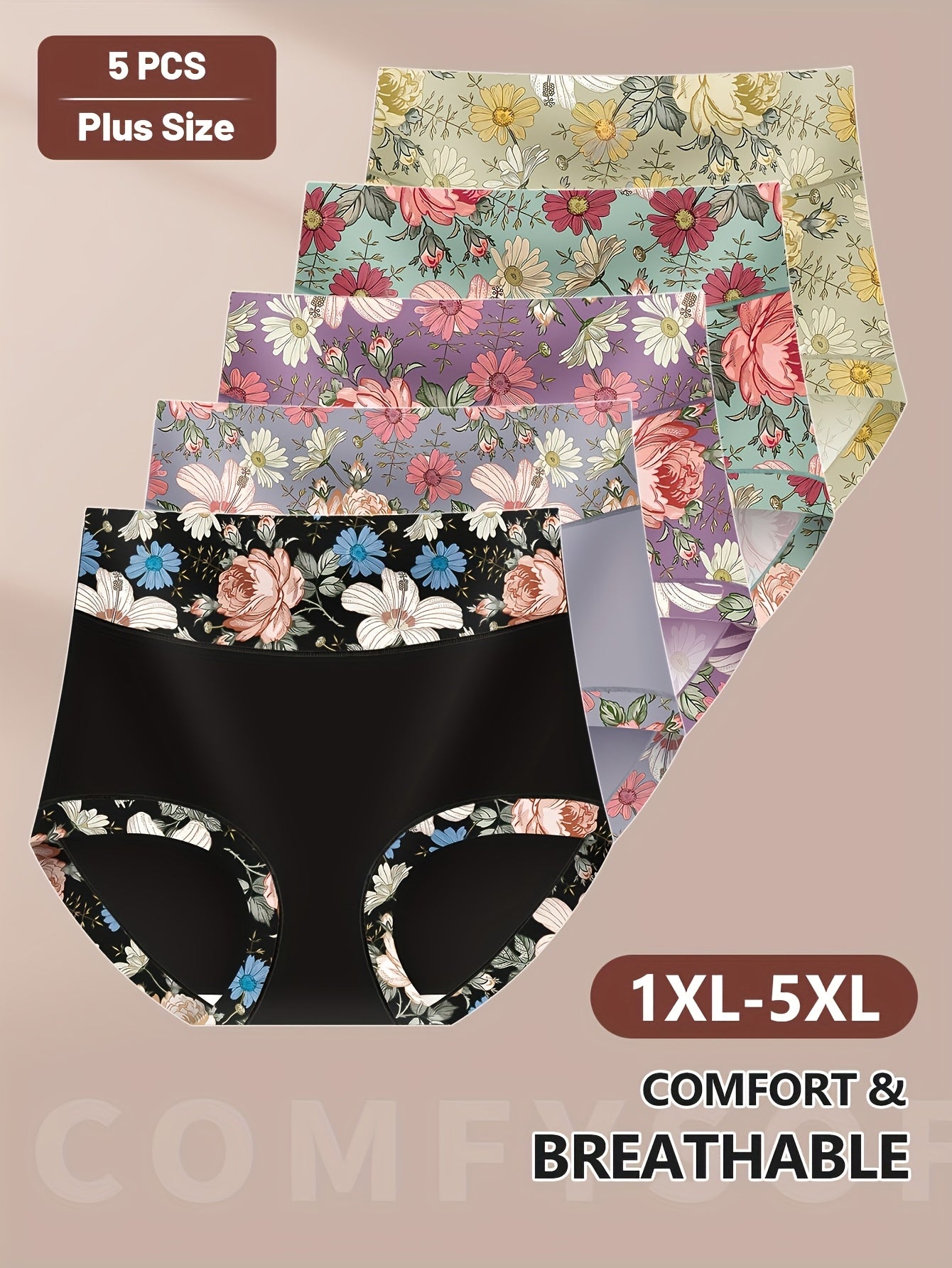 Plus Size Floral Print High-Waist Panties Tummy Control Butt Lifting 5 Pack