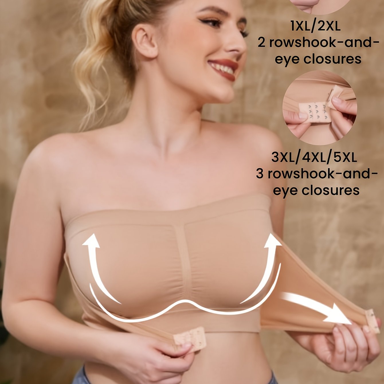 Plus Size Women's Strapless Sports Bra Breathable Adjustable Beige Yoga Running