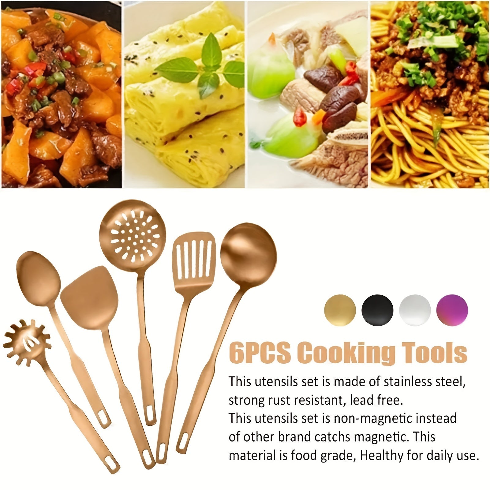 Set of 6 Stainless Steel Kitchen Utensils Non-Magnetic Rust-Resistant Matte Finish