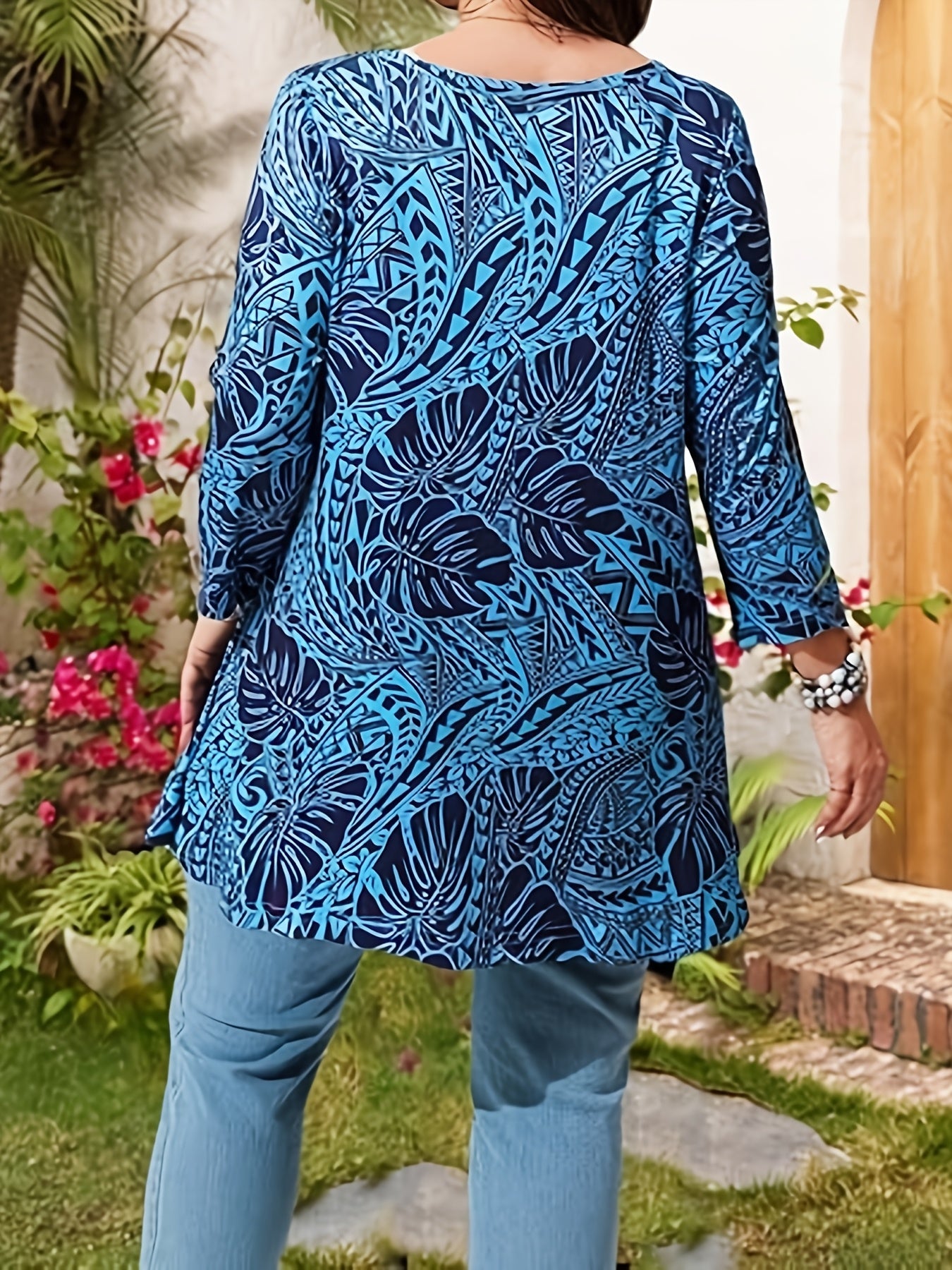 Plus Size Women's T-Shirt with Leaf Print Crew Neck Long Sleeve Stretchy Polyester