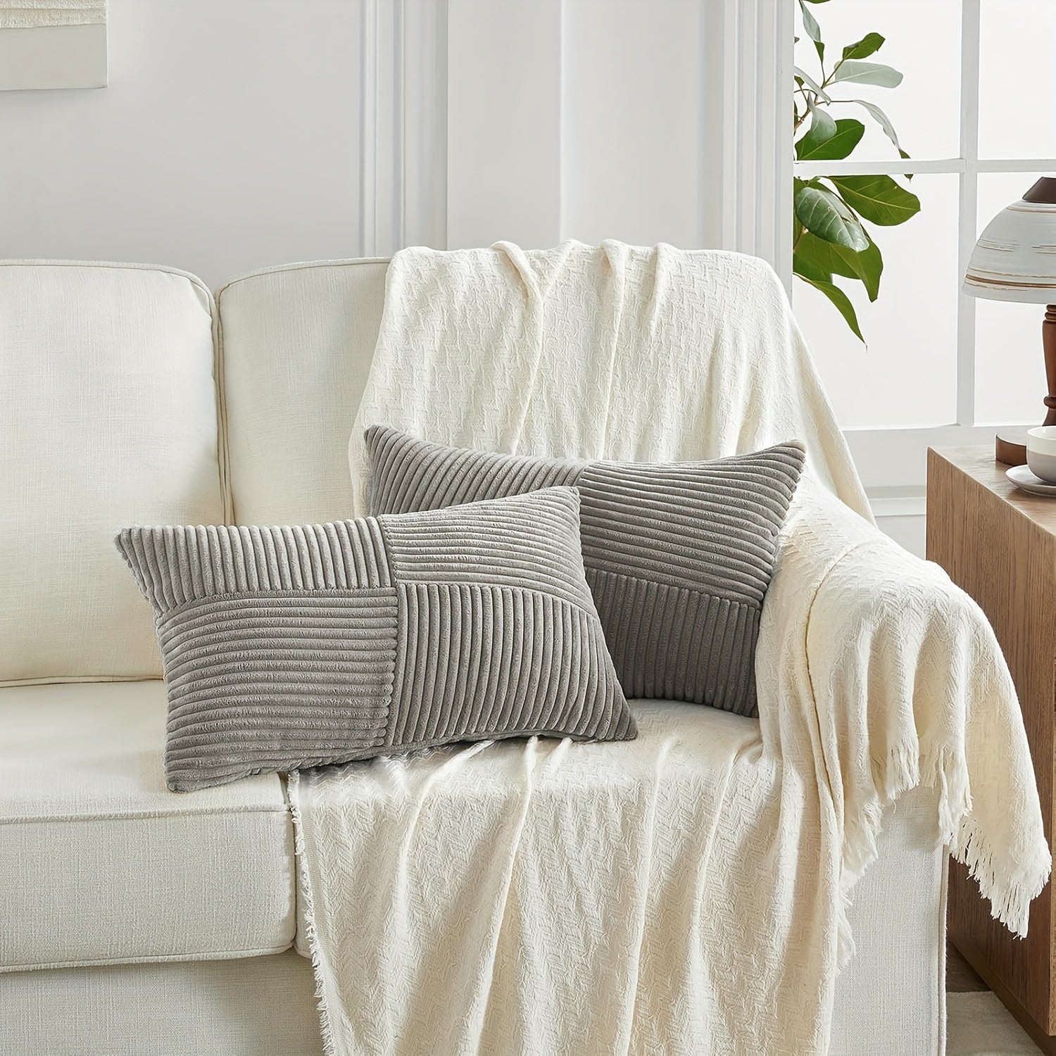 Bohemian Style Corduroy Throw Pillow Covers 2-Pack 45.72x45.72 cm Zippered Polyester Square Cushion Cases for Sofa Bed