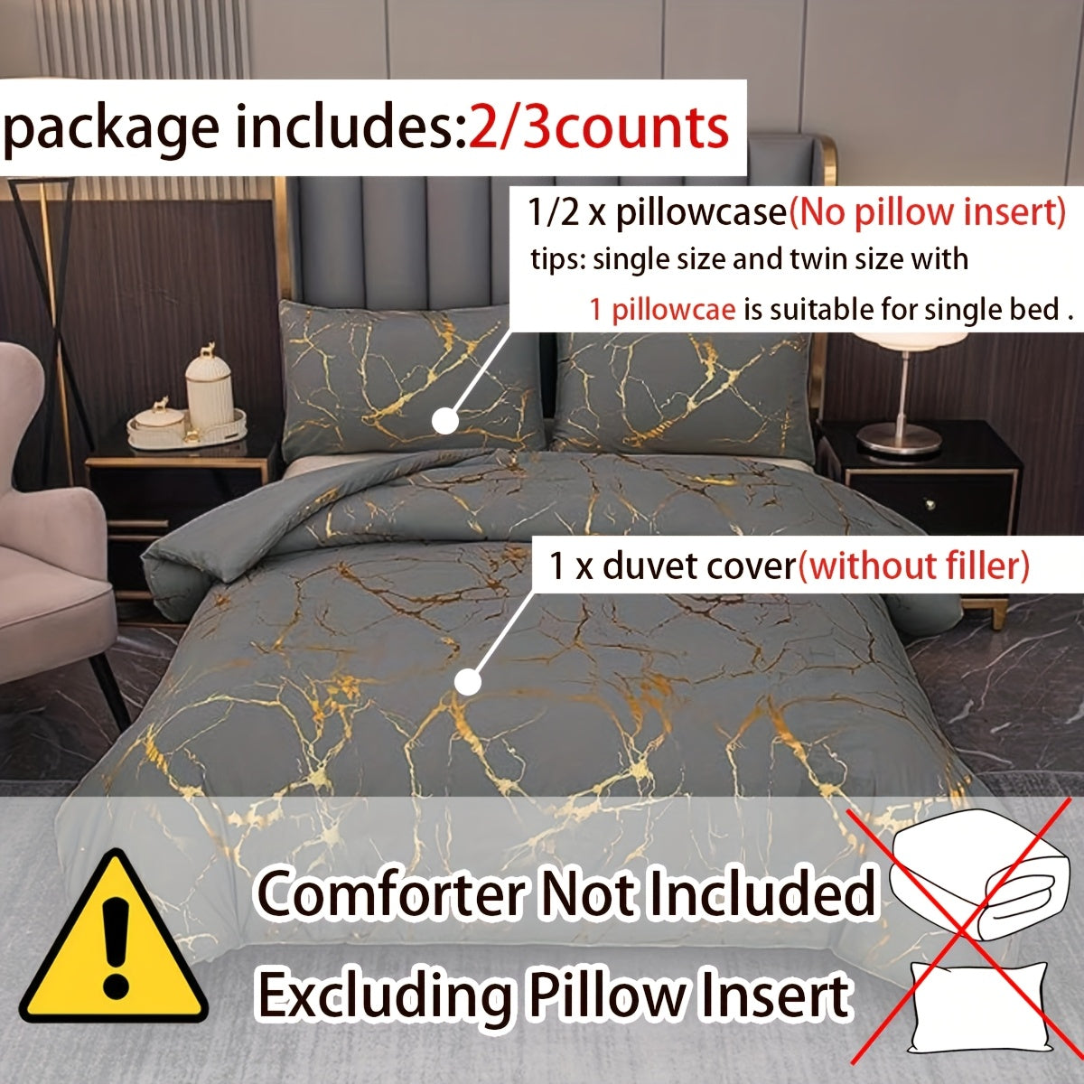 White Marble Pattern Quilt Cover Set with Gold Foil Print 2/3 Pieces Bedding