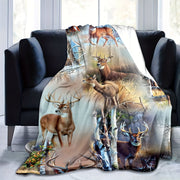 Plush Flannel Deer-Design Throw Blanket for Couch Bed Travel All-Season