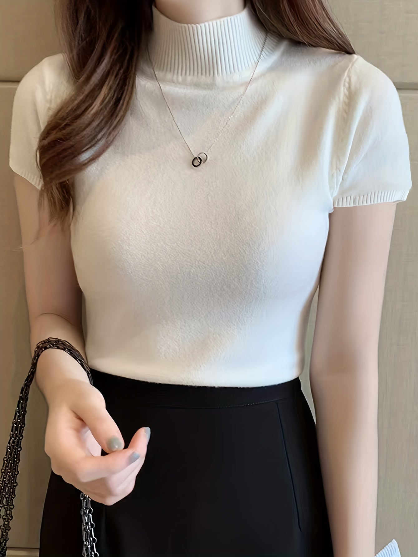 Suéter de punto sólido para mujer con cuello alto y manga corta, casual, ajustado, para todas las estaciones