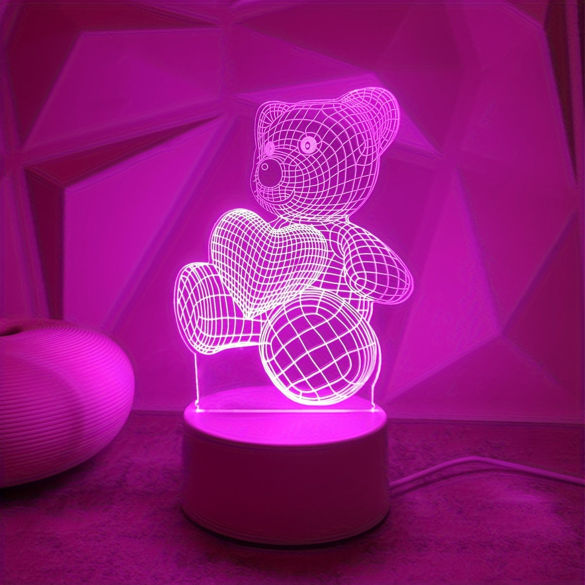 3D Pink Heart Bear Night Light USB Powered Switch Control Modern Bedroom Decor