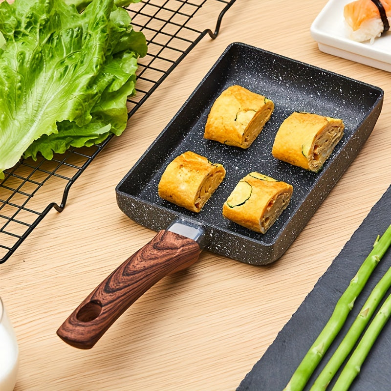 Yaponiya Tamagoyaki qovurilgan tuxum panni, yog'lamaydigan, yog'och tutqichli, nonushta uchun pishirish panjasi