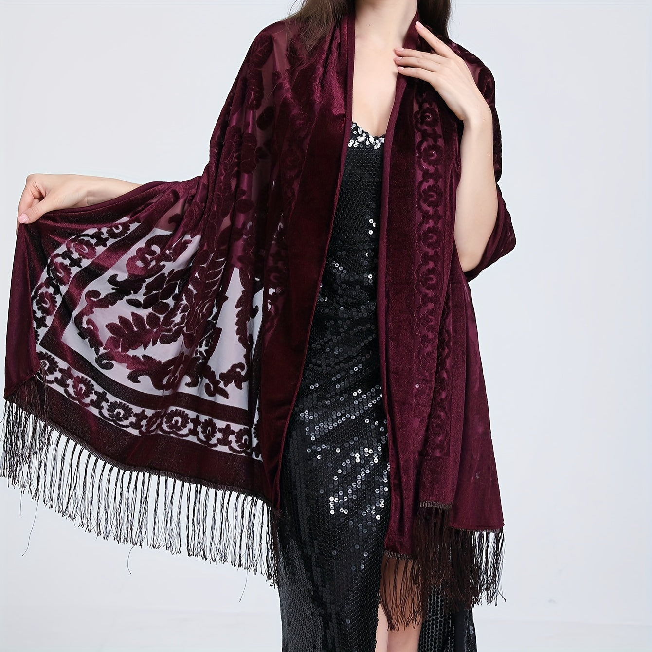 Black Floral Lace Shawl with Tassels and Rose Pattern for Evening Events