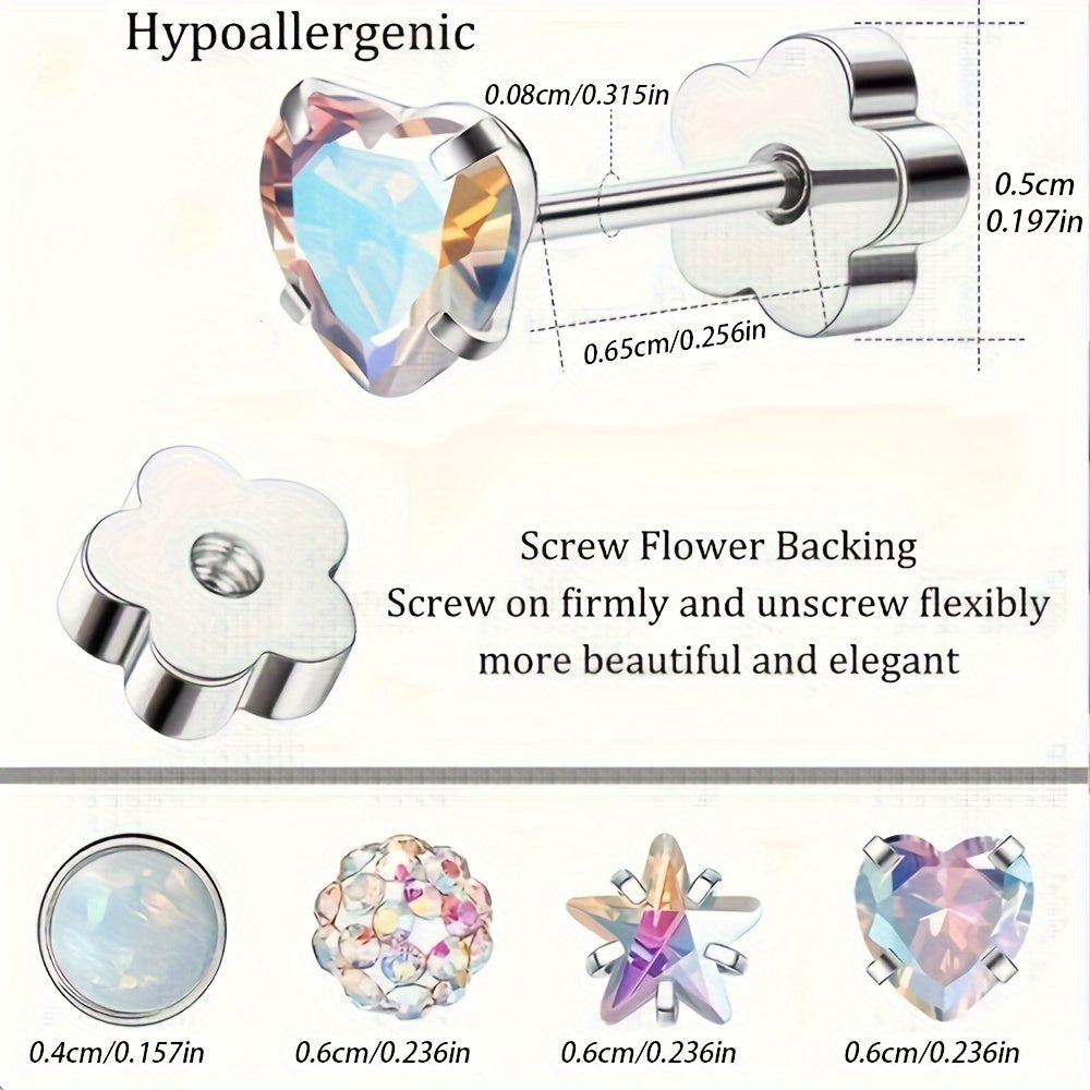 Hypoallergenic Flat Back Earrings for Women Men Girls Star Heart Protein Stone Silver Pink AB