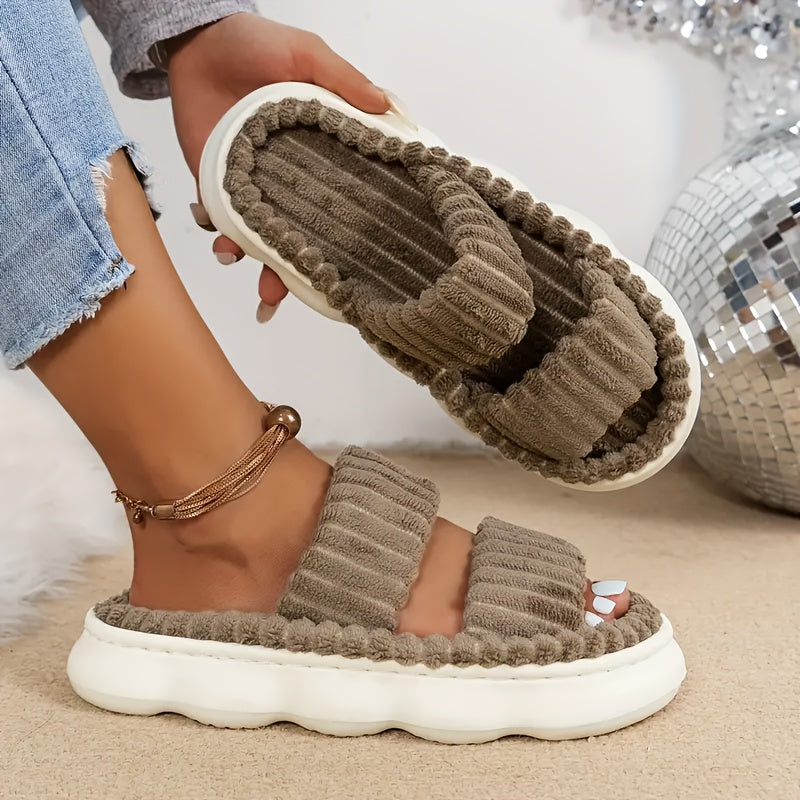 Women's Plush Indoor Slippers Non-Slip Thick Sole Gray Ribbed Textured Open Toe